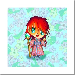 chibi elf sorcerer in red kimono for dnd and manga fans Posters and Art